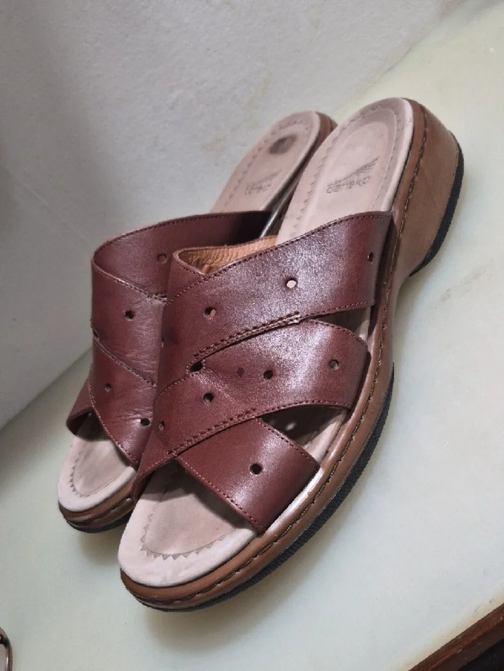 Dansko Brown Leather Cross-Strap Slide Sandals
